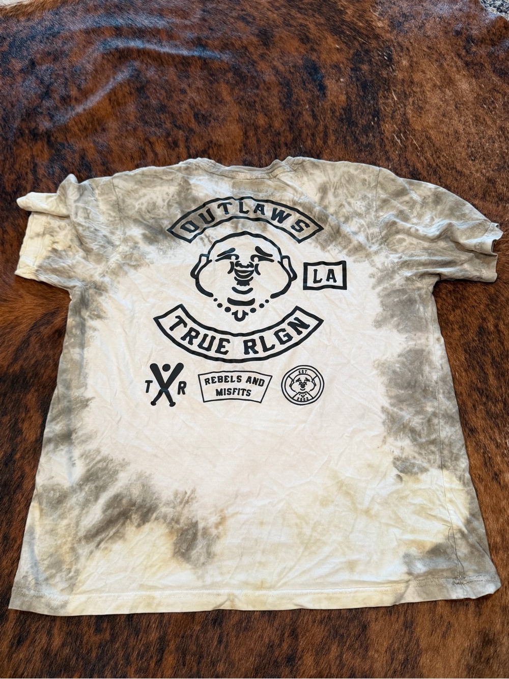 TRUE RELIGION Grey Tie Dye OUTLAWS Short Sleeve Designer Graphic T-shirt Size L